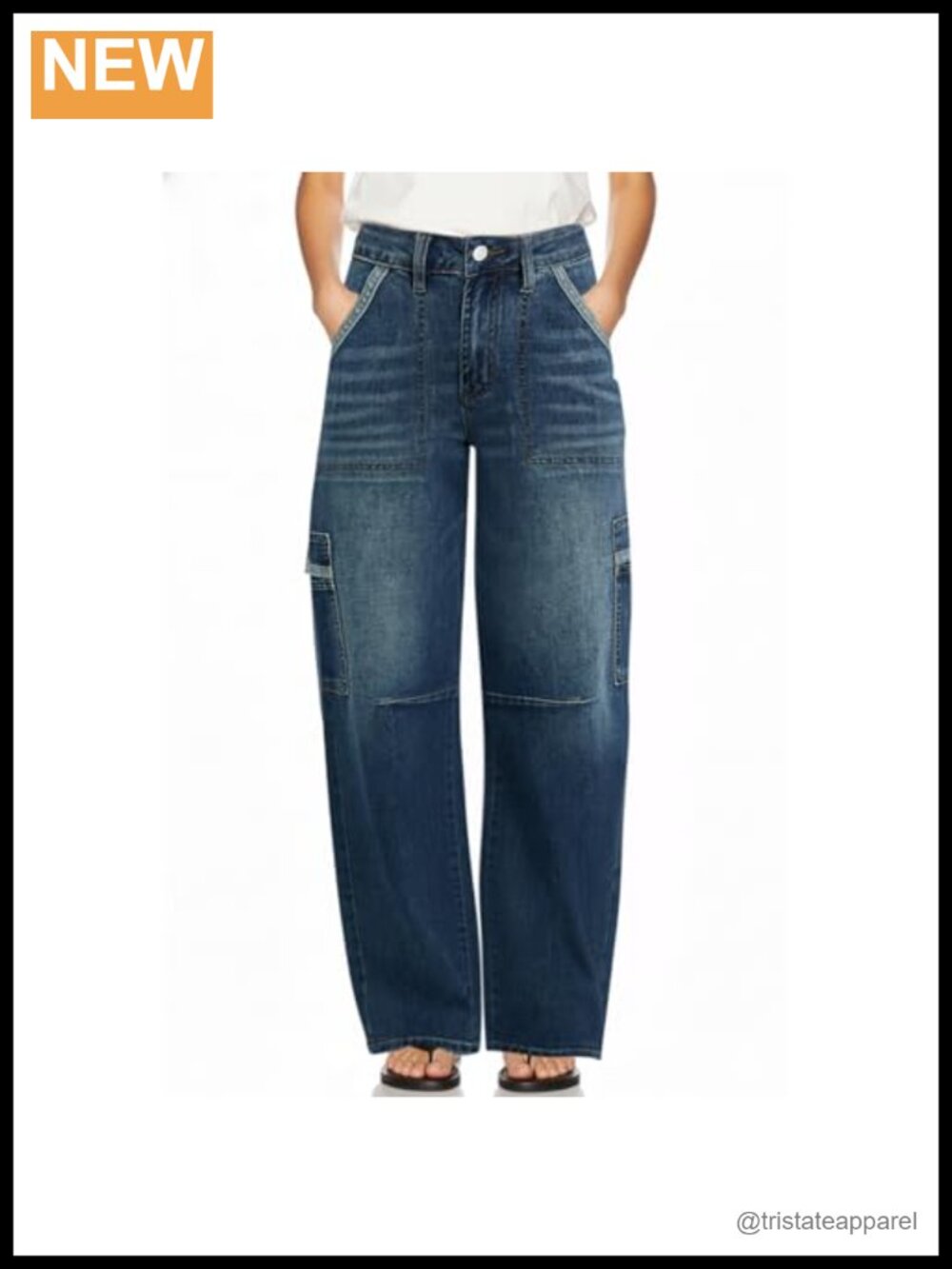 Mid Rise Barrel Jeans Multi Pocket Wide Leg Loose Fit Casual Denim